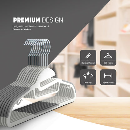 KEPLIN 20-Pack Non-Slip Hangers – Durable, Slimline Design for Space Saving with 360° Swivel, Tie Organiser, Strap Hooks, and S-Shape Opening (White)