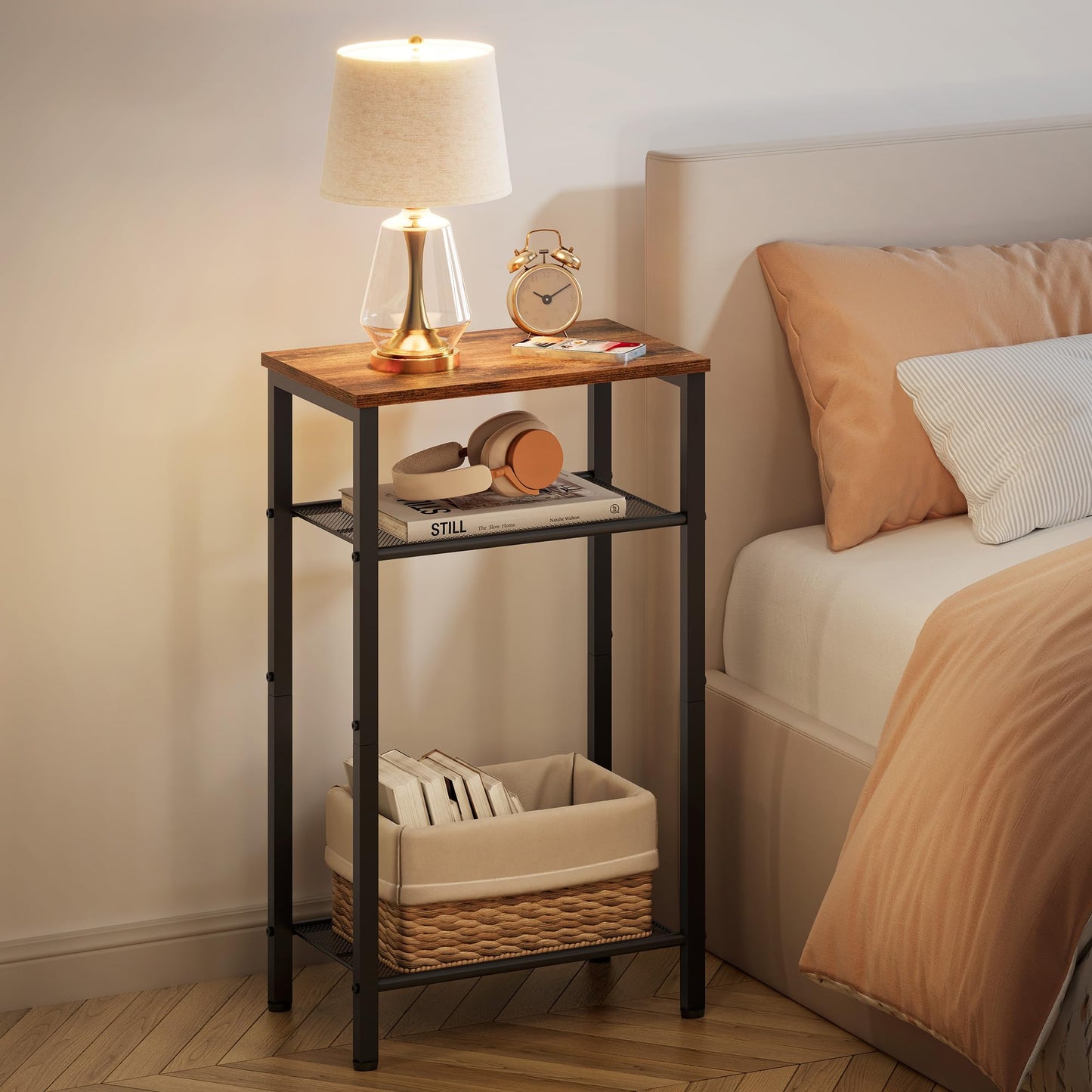 Hoctieon 2-Set 3 Tier End Table, Telephone Table Set of 2, Tall Side Table with Storage Set of 2, Small Nightstand for Small Spaces, Metal Frame