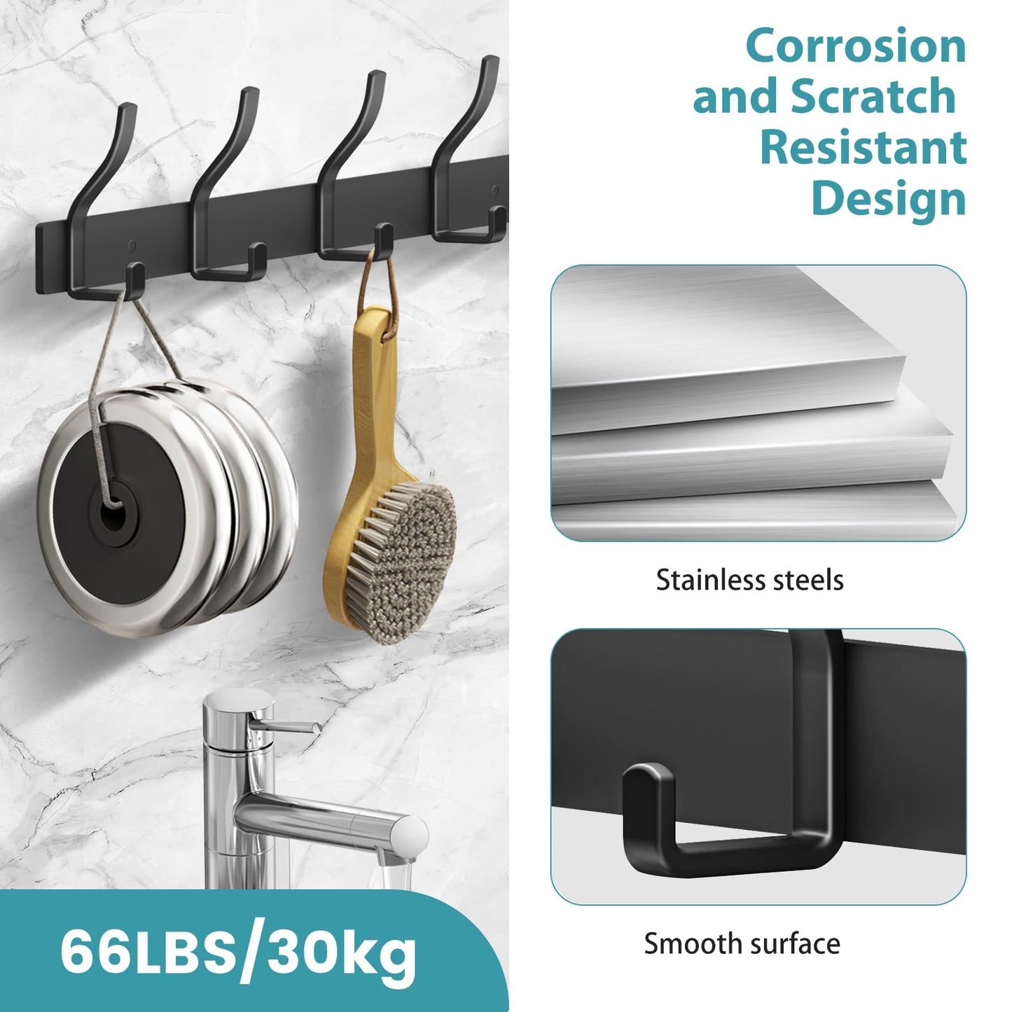 MEIJO Coat Hooks Wall Mounted Stainless Steel, Black Coat Rack Wall Mounted with 4 Hooks Heavy Duty Coat Hooks for Door, Bathroom, Bedroom, Kitchen