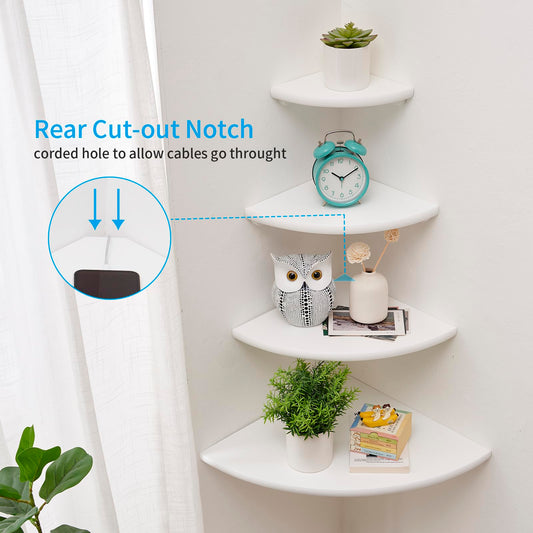 GIEANOO Corner Shelf, Solid Oak Wood White Floating Corner Shelf Wall Mount 16inch Round End Floating Speaker Shelf With Wire Hole Shelf for Bedroom