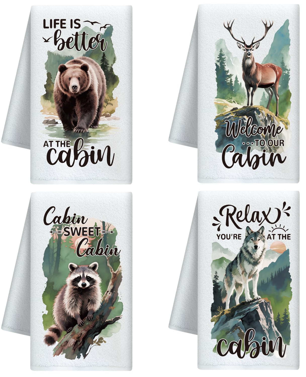 CUTHOLLOW Forest Wild Animal Decorative Kitchen Towel Set of 4, Soft & Absorbent Microfiber Dish Towel for Kitchen Tea Coffee Bar Home, Best Gift for