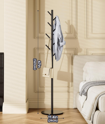 Tujurich Coat Stand with 8 Hooks, 3 Adjustable Heights, Sturdy Metal Coat Rack with Sintered Stone Base, for Hallway, Entrance or Bedroom