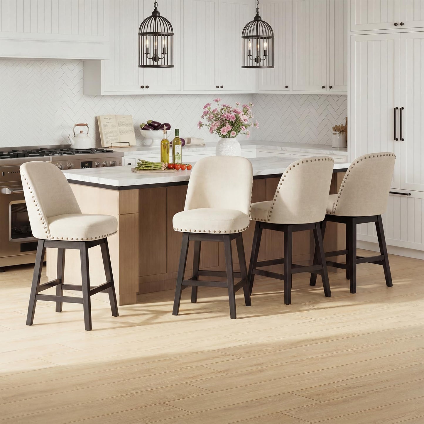 Bar Stools Set of 4, 360° Swivel Counter Stools with Upholstered Seat, Wooden Frame & Nailhead Trim