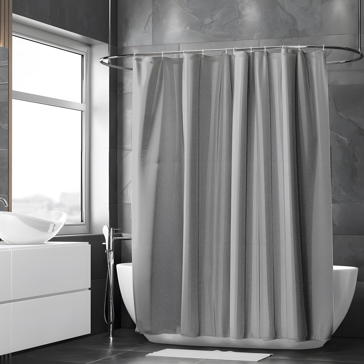 Vinabo Grey Shower Curtain, 180 x 200 cm Bathroom Curtains, Washable Shower Curtain with 12 Hooks, PEVA Fabric Curtain