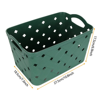 ASelected 4 Pack Plastic Woven Storage Basket With Handles, Middle 27.5x18.5x17.5cm, Beautiful Fashionable, Skin Pattern Cross Woven, For Kitchen