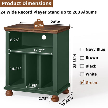 LELELINKY Large Record Player Stand with Vinyl Record Storage, 24" Wide Wood Turntable Stand, Mid-Century Record Player Table Up to 200 Albums