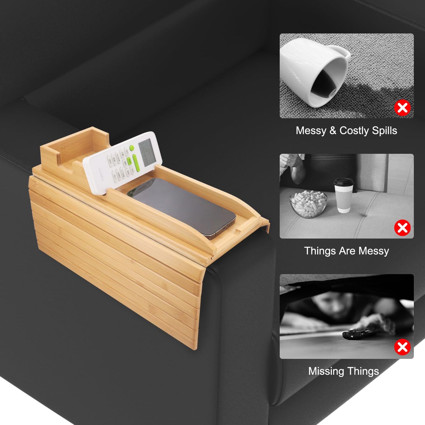 Yuhtech Sofa Arm Tray, Bamboo Sofa Arm Tray Table, Couch Cup Holder, Foldable Bamboo Pallet with Cup Holder for Snacks, Phones, Remotes