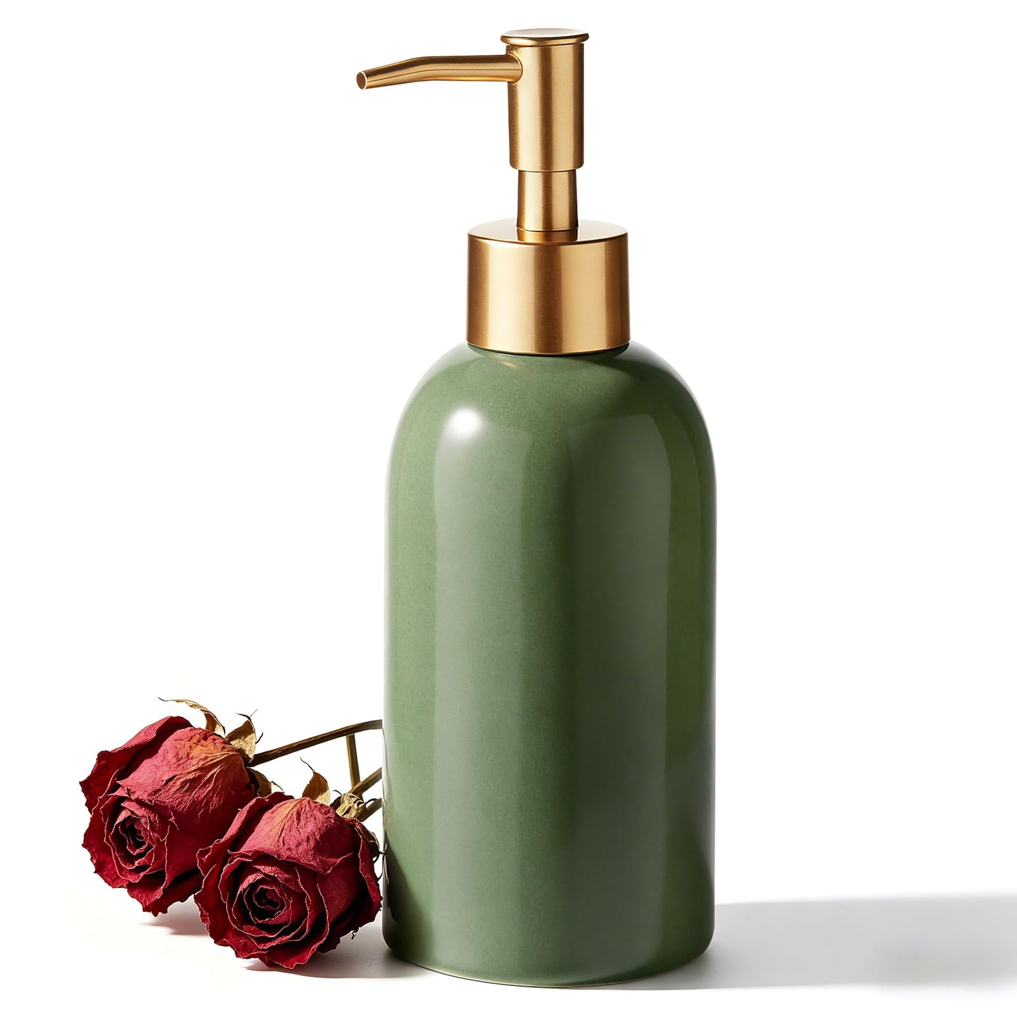 Hejo 350ml Ceramic Soap Dispenser with Matte Gold Pump, Refillable Liquid Hand Wash Soap Dispenser for Laundry Room, Bathroom & Kitchen (Green)