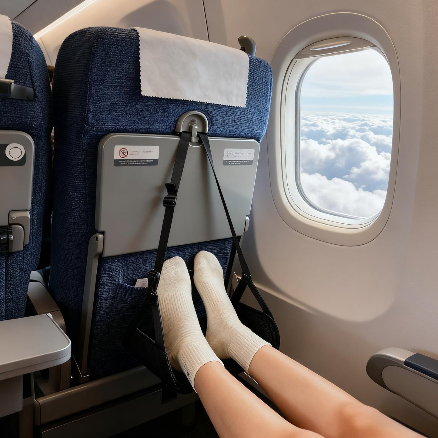 Foot Hammock for Flight with Bamboo Board, Adjustable Airplane Foot Rest, Portable Foot Rest for Plane Suitable for Adults and Children