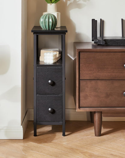YMYNY Narrow Side Table Set of 2, Slim Bedside Table with 2 Fabric Drawers, Nightstand for Small Spaces