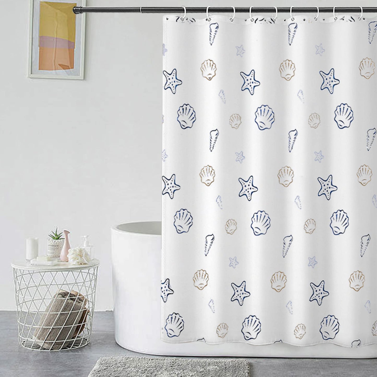 GERUIKE Seaside Shower Curtain White 180 x 200 cm - Weighted Shower Curtains Mould Proof Resistant, Machine Washable Bath Curtains with 12 Rings,