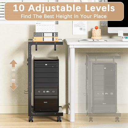 Computer Tower Stand, Adjustable 2-Tier CPU Holder Cart with Wheels