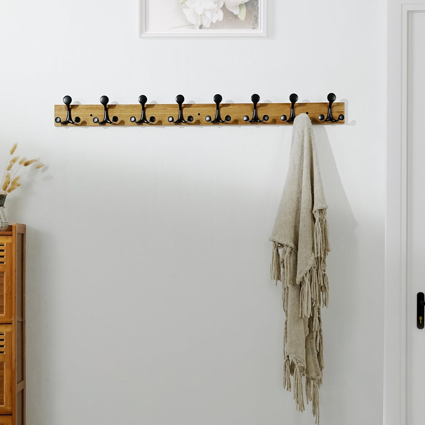 SKOLOO 109 cm Light Brown Wood Coat Rack Wall Mount with 8 Triple Hooks - Ideal for Family Entrances, Classrooms, and Pet Supplies Storage