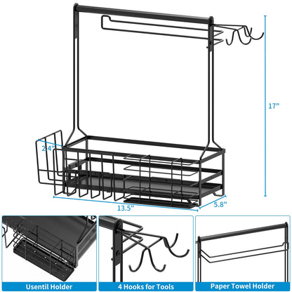 BBQ and Grill Caddy with Paper Towel Holder, Iron Steel Handle & 4 Hooks ? Camper Accessories Condiment Caddy ? Plates, Cutlery and BBQ Organizer for