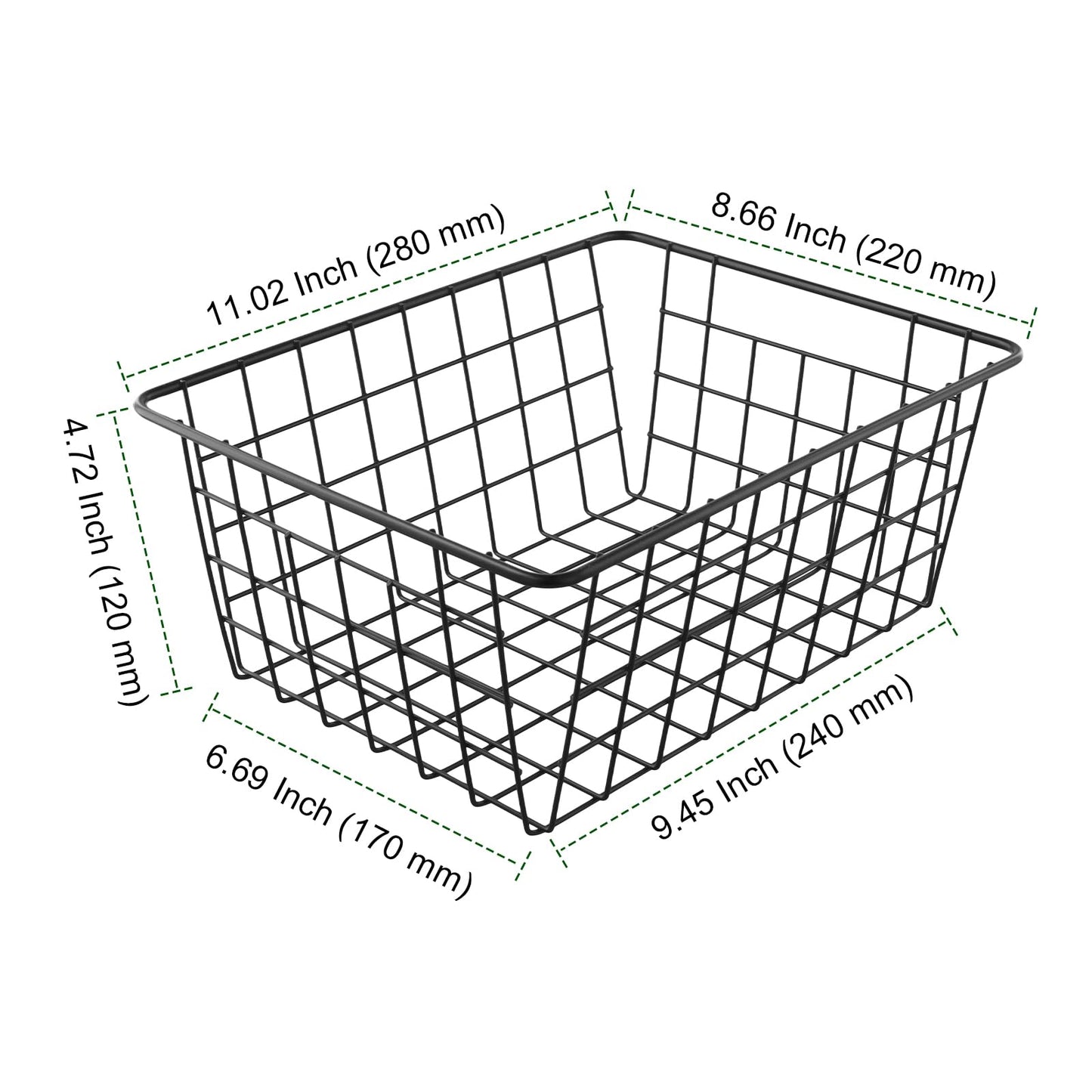 PINGEUI 2 Pack Metal Wire Storage Baskets, 28x22x12cm Black Wire Basket Freezer Storage Organizer Pantry with Handles for Kitchen Cabinet, Pantry