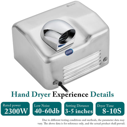 KSITEX Commercial Hand Dryer,Stainless Steel Heavy Duty Hand Dryer High Speed Electric Hand Dryer Wall Mounted For Toilet Bathroom Eco Friendly 2300W