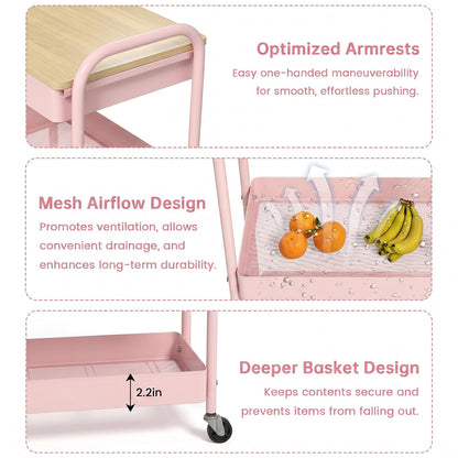 danpinera 3 Tier Rolling Cart, Metal Utility Cart with Wooden Table Top & Drawer, Rolling Carts, Storage Cart with Hanging Cups for Kitchen, Bathroom