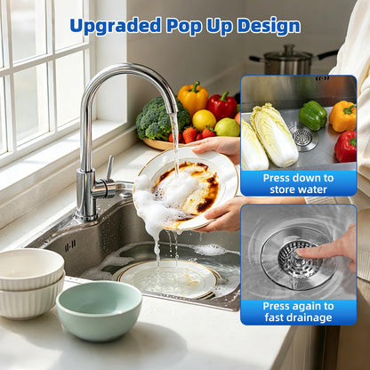 Hibbent 3-in-1 Kitchen Sink Plug, Stainless Steel Strainer, Brushed Nickel