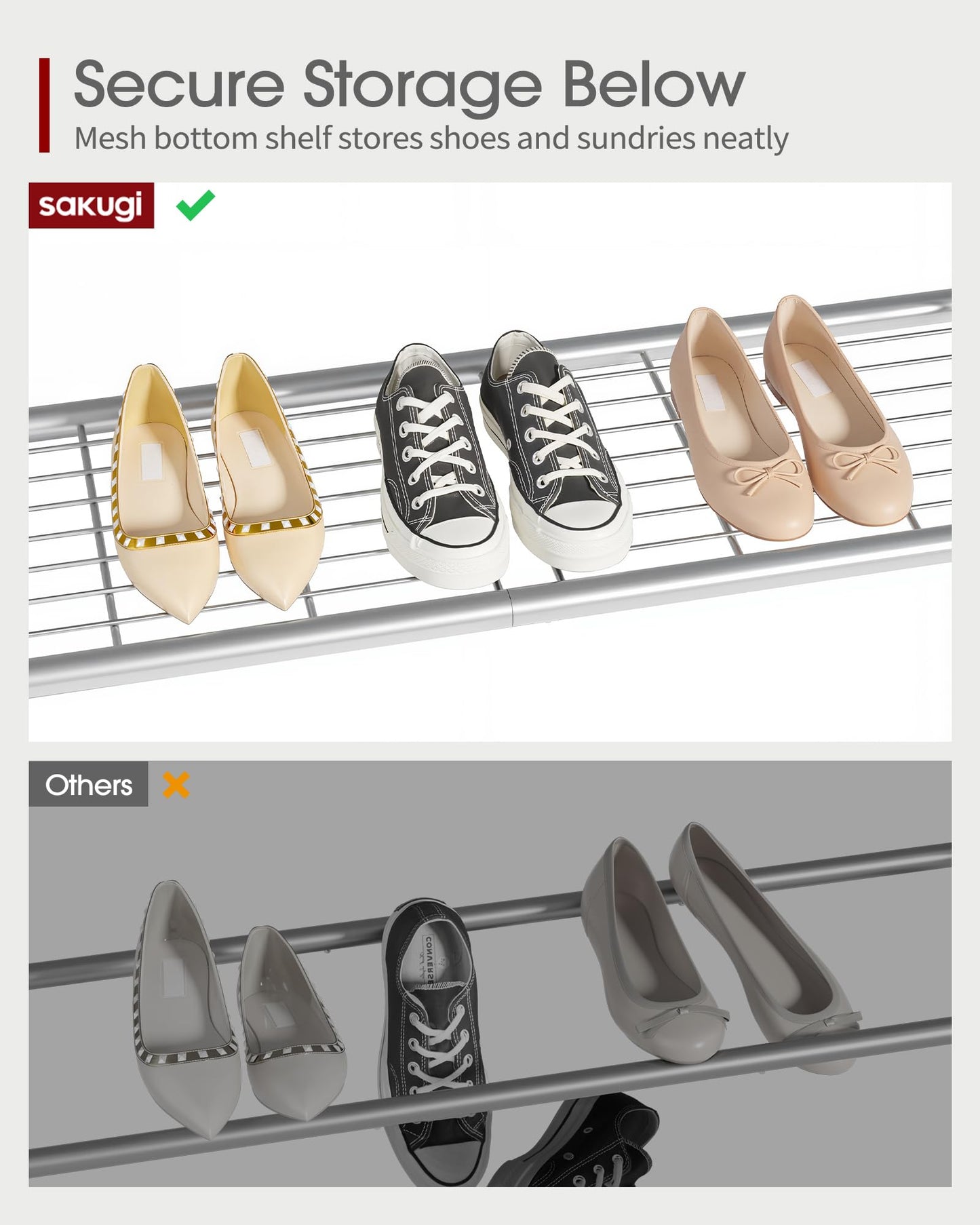 Sakugi Heavy-Duty Clothing Rack Wide Rod & Mesh Shelf, 116x43x150cm, Silver