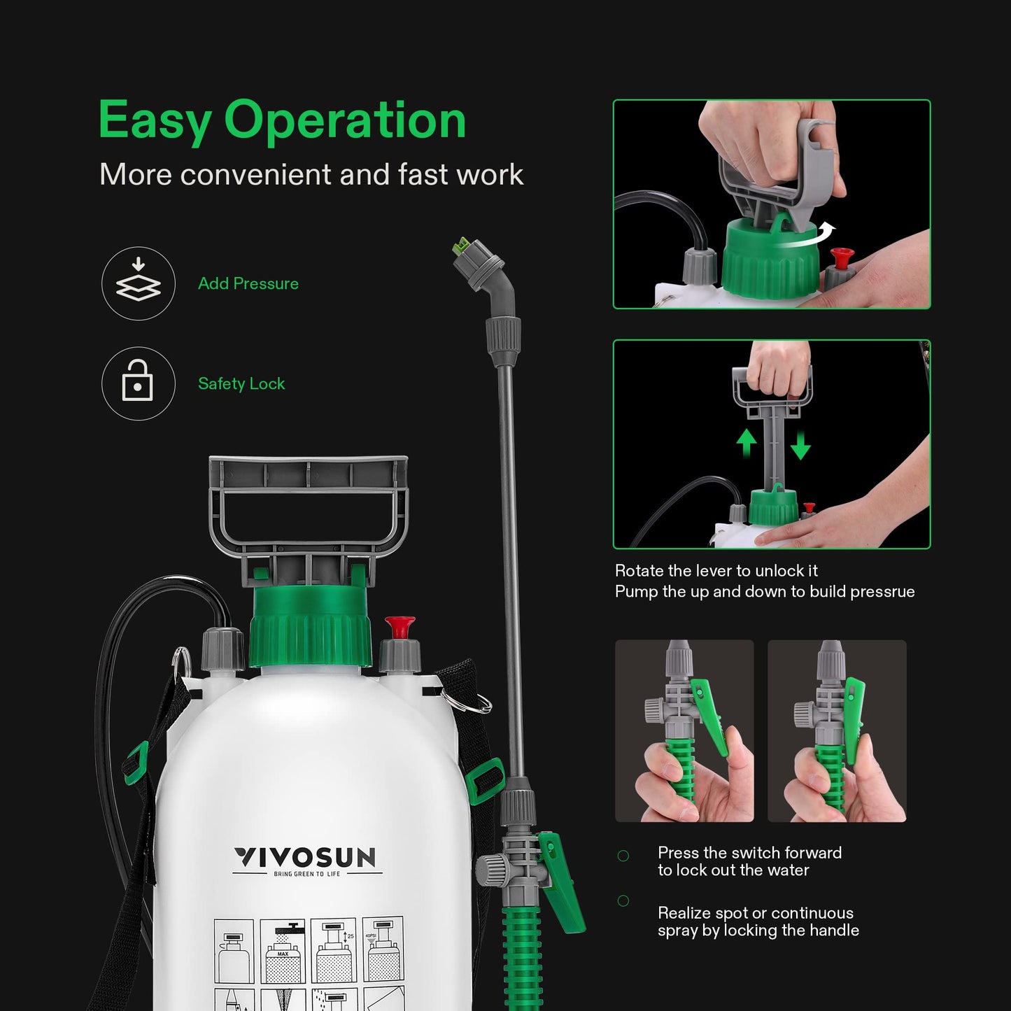 VIVOSUN 1.3 Gallon Pump Pressure Sprayer, 5L Pressurized Lawn & Garden Water Spray Bottle with 3 Water Nozzles, Adjustable Shoulder Strap, Pressure