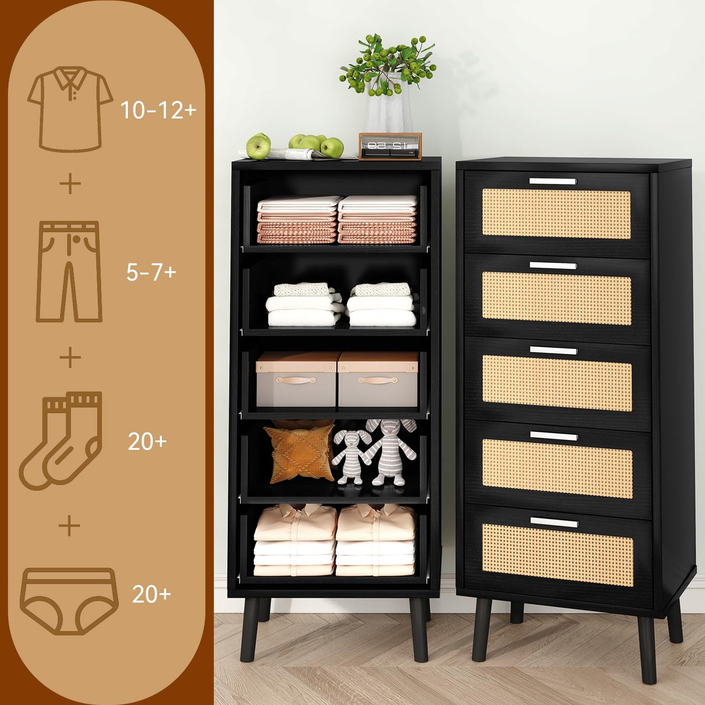 IBUYKE Rattan Chest of Drawers Bedroom with 5 Drawers,Black WST010B