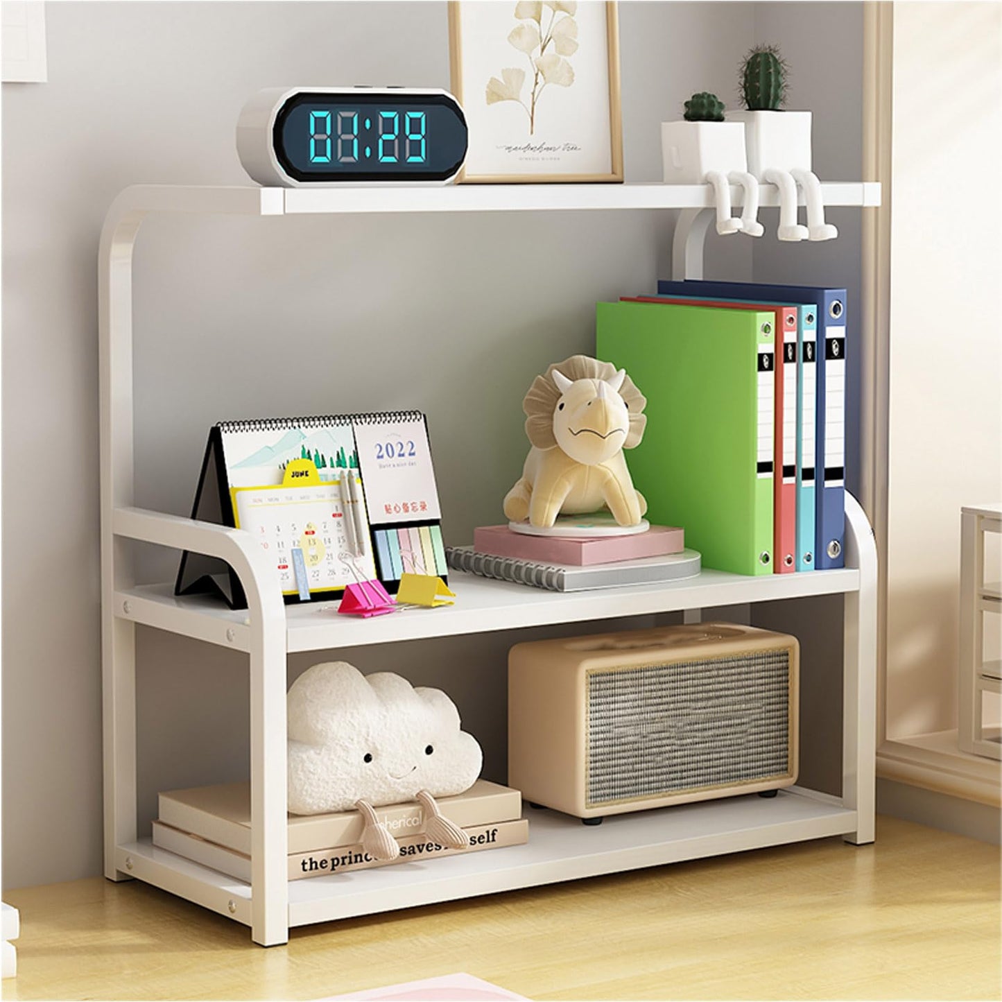 Numjeg Bookshelf 3-Tier Desktop Wood White Metal Rack Supplies Bedroom Shelf Big Bookcase Organizer Shelf for Top of Desk and Dresser Living Room