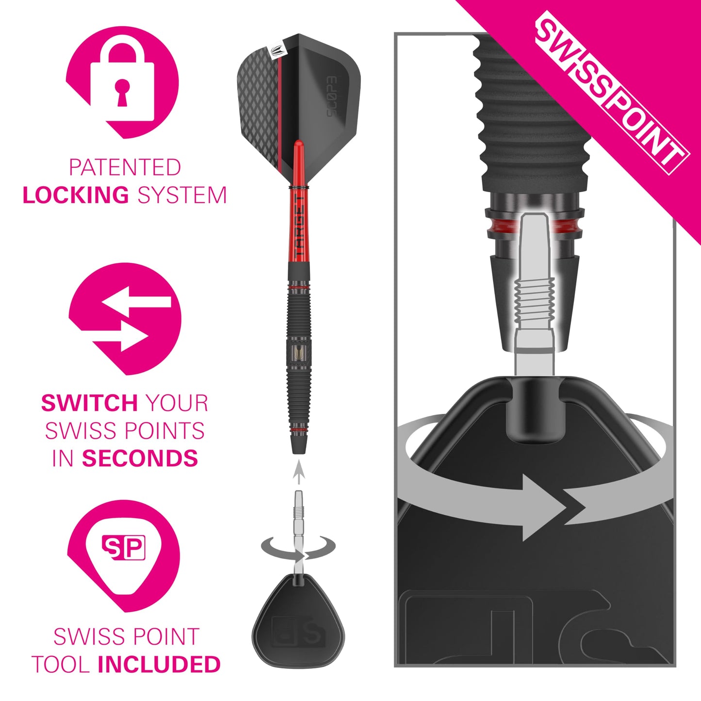 TARGET Darts Scope Steel Tip Swiss Point Darts, 90% Tungsten Dart Set, Barrel 04-22G | Steel Tip Dart Sets, Red & Black Darts, Professional Dart Set