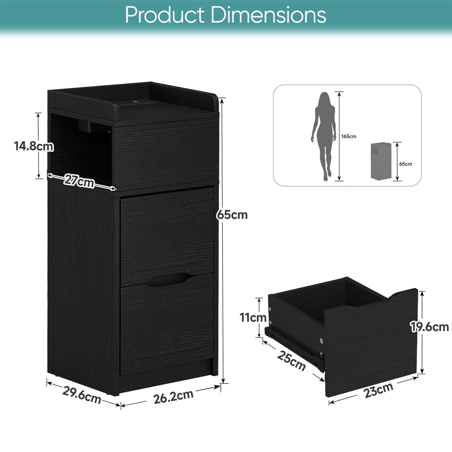 Quikraen 27cm Slim Bedside Tables Set of 2 with Charging Station and LED