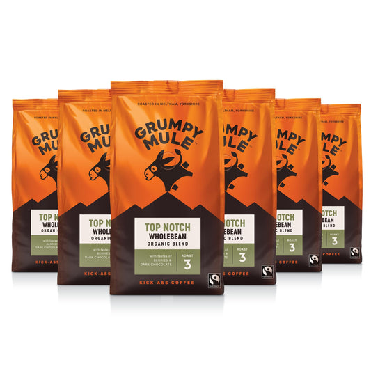 Grumpy Mule Top Notch Organic Blend Whole Coffee Beans with notes of Berries and Dark Chocolate 200g (Pack of 6 - Total 1.2kg)