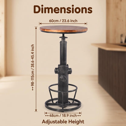 BOKKOLIK Industrial Bistro Bar Table 38.6-44.4inch Height Adjustable Farmhouse Pub Table for Kitchen Dinning Room Office Swivel Wooden Top