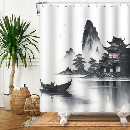 SDOTPMT 105x160cm Japanese Asian Ink Painting Shower Curtain Foggy Mountain Boat Wild Goose Bathtub Curtain Outdoor Natural Scenery Bath Curtain for