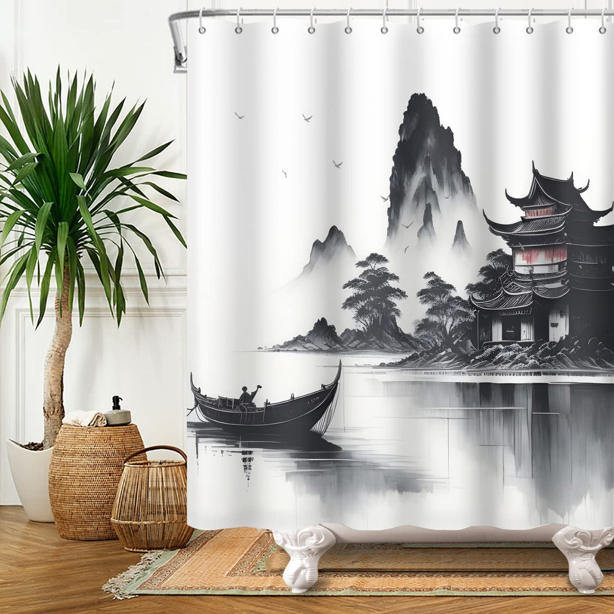 SDOTPMT 180x180cm Japanese Asian Ink Painting Shower Curtain Foggy Mountain Boat Wild Goose Bathtub Curtain Outdoor Natural Scenery Bath Curtain for
