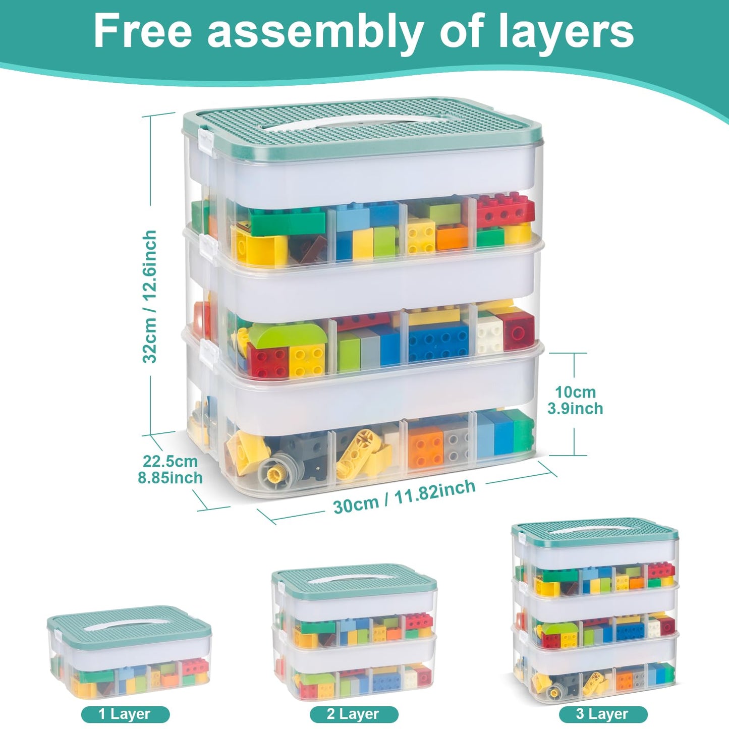 Dyserbuy Storage Boxes with Lids for Lego, 3 Layers Storage Boxes for Lego, Stackable Plastic Organiser Container with Clear Compartment for Building