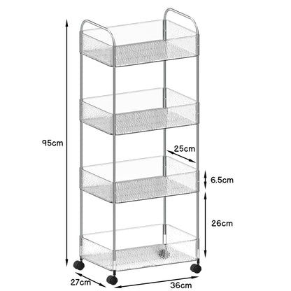 CraftGenes 4-Tier Slim Storage Trolley on Wheels with Lock, 36x27x95cm, Transparent Bathroom Trolley with Stainless Steel Frame & U-Handle