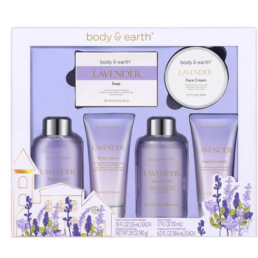 BODY & EARTH Bath Spa Gifts for Women Shower Gift Sets 6Pcs Lavender Toiletries Gift Sets for Mum Luxurious Pamper Gifts for Women Birthday Gifts for