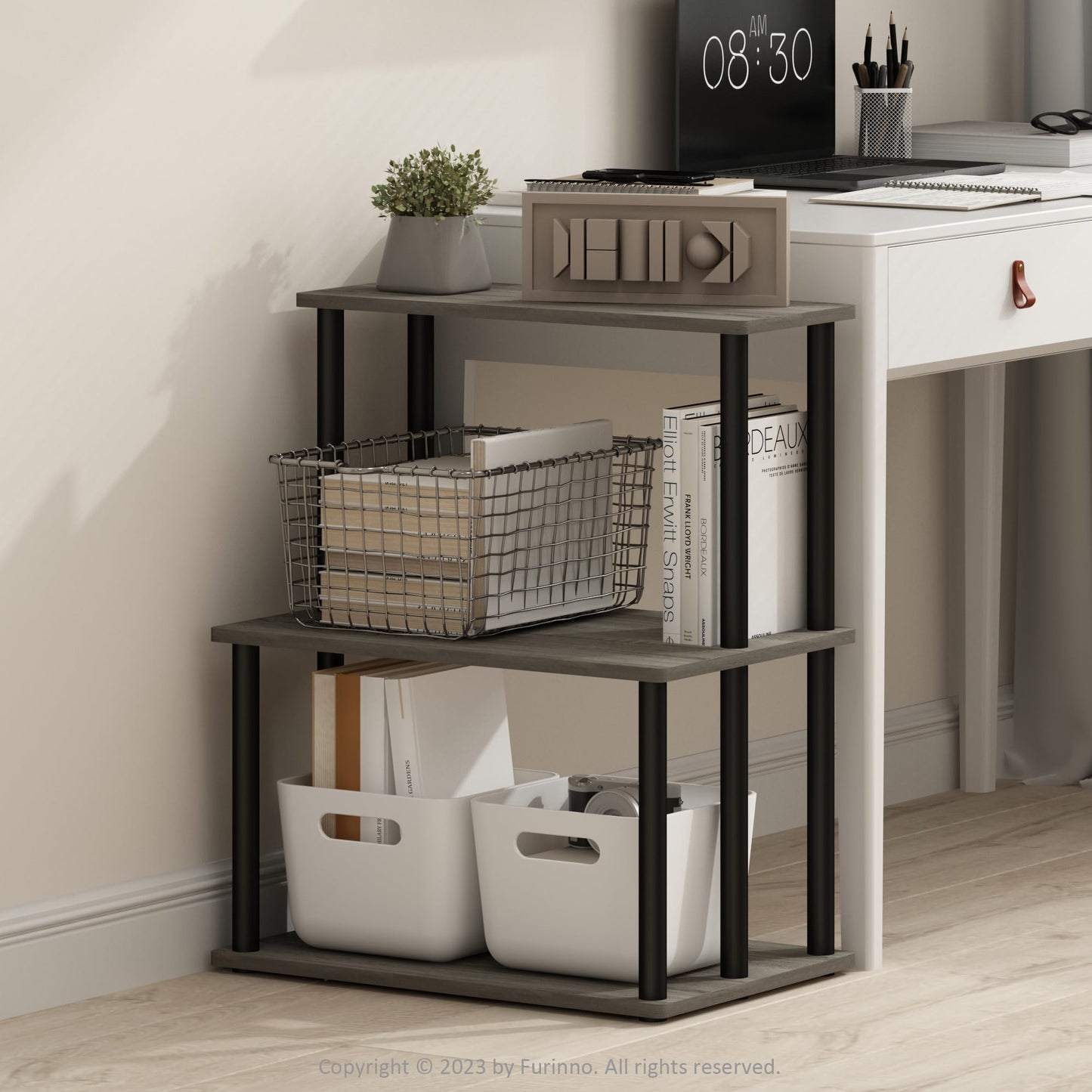 Furinno TURN-N-TUBE Printer Stand, 3-Tier Printer Table with with Storage Shelf, Open Frame Standing Shelf, for CPU, Office Supplies, Home Office