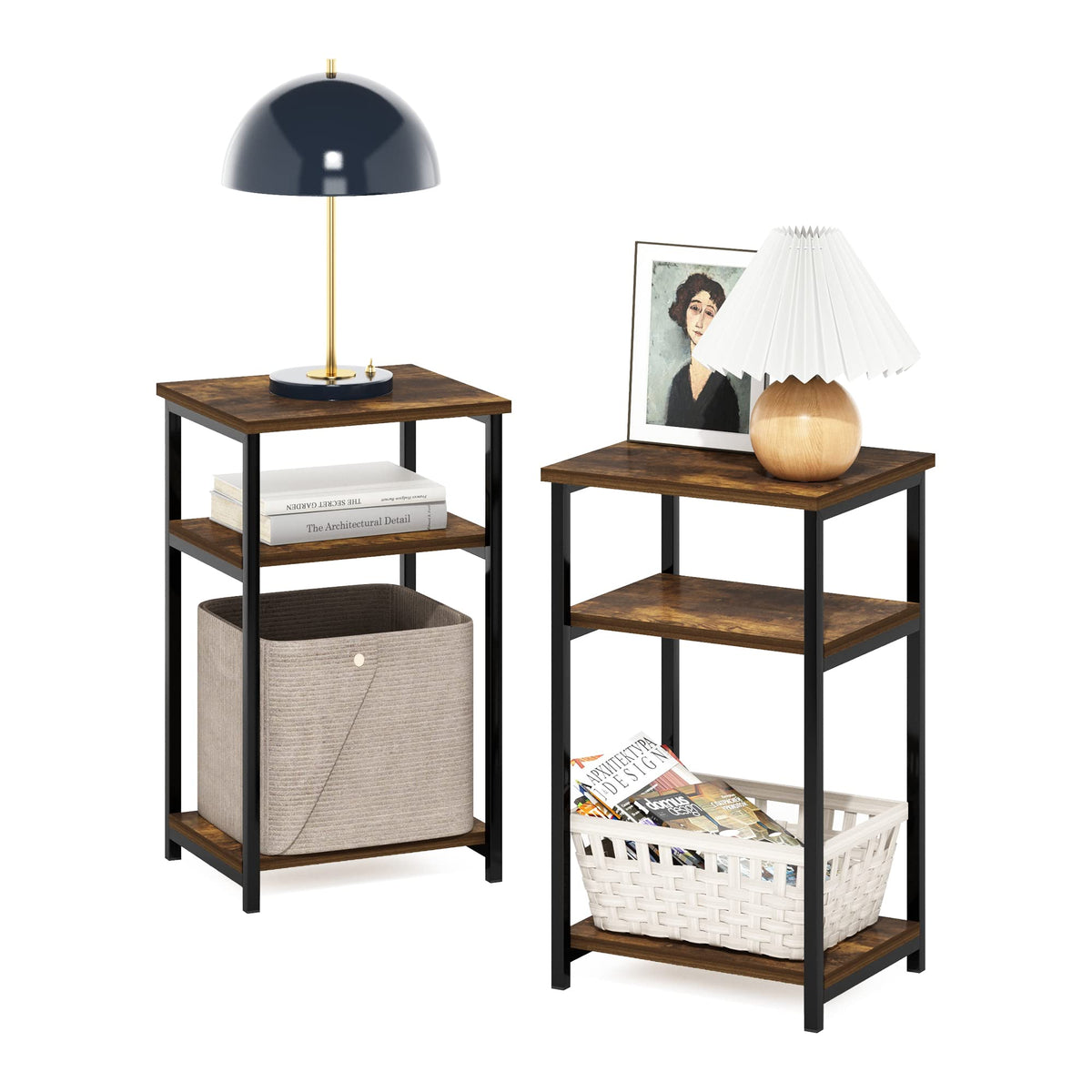 Furinno JUST Side Table Set of 2, 3-Tier Metal Frame End Table with Open Shelf, Night Stand, Bedside Table, for Living Room, Bedroom, Amber Pine