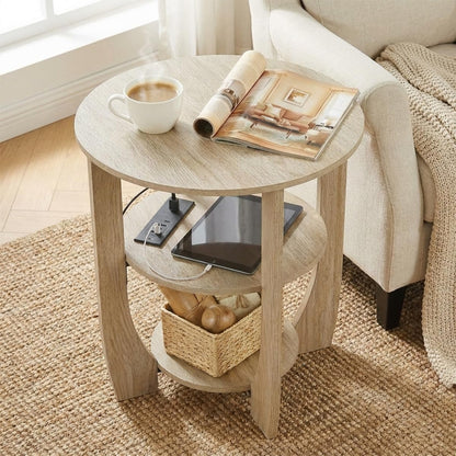 ZEXVIDA 3 Tier Round Side Table with Charging Station, Farmhouse Wood End Tables with Storage