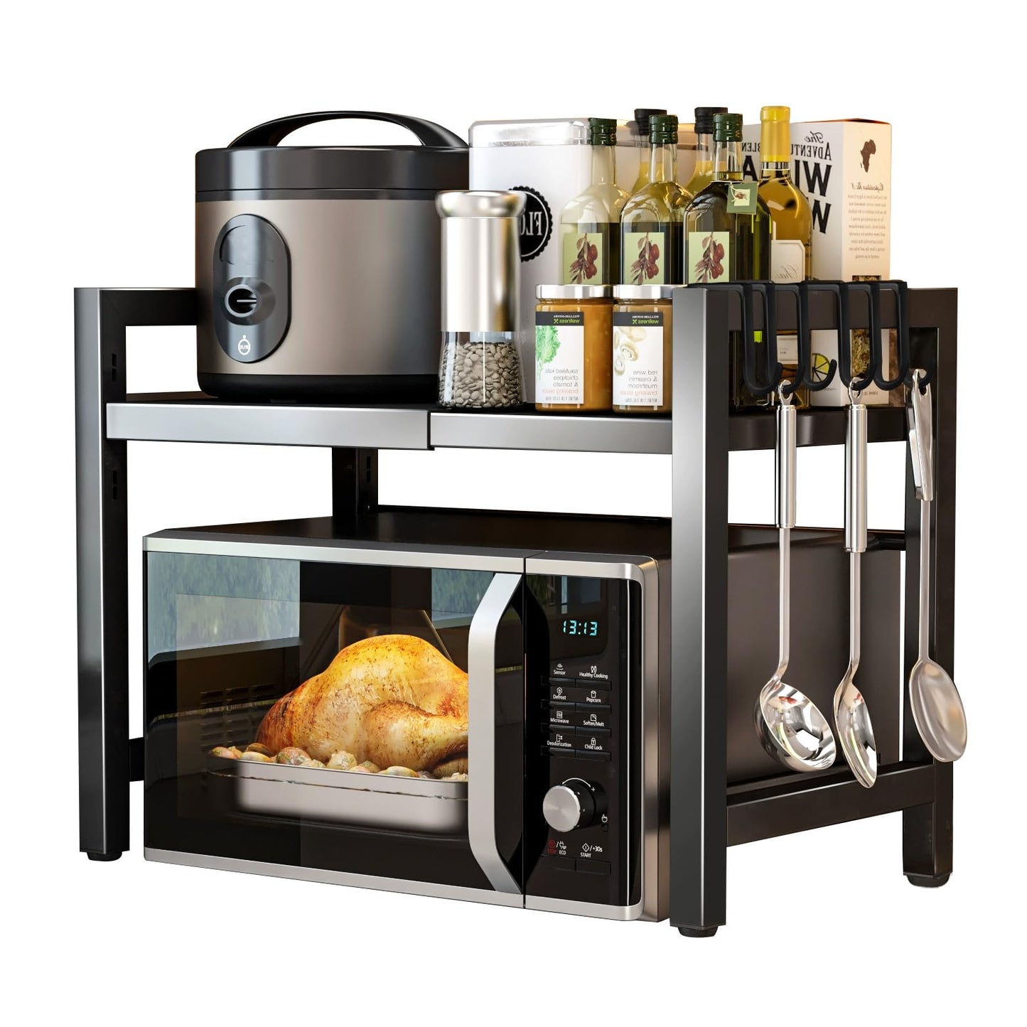 Haipky 2-Tier Adjustable Microwave Oven Rack, Expandable Kitchen Countertop Shelf with 6 Hooks, Metal Baker Rack, Space-Saving Kitchen Organizer