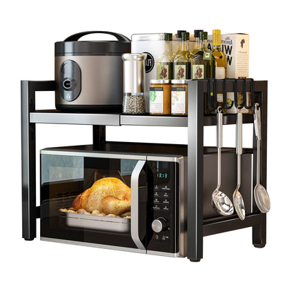 Haipky 2-Tier Adjustable Microwave Oven Rack, Expandable Kitchen Countertop Shelf with 6 Hooks, Metal Baker Rack, Space-Saving Kitchen Organizer