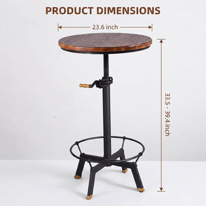 BOKKOLIK Industrial Bar Table 33.47-39.37inch Height Adjustable Swivel Wooden Top Vintage Breakfast Dining Table Farmhouse Cocktail Bistro Pub Table