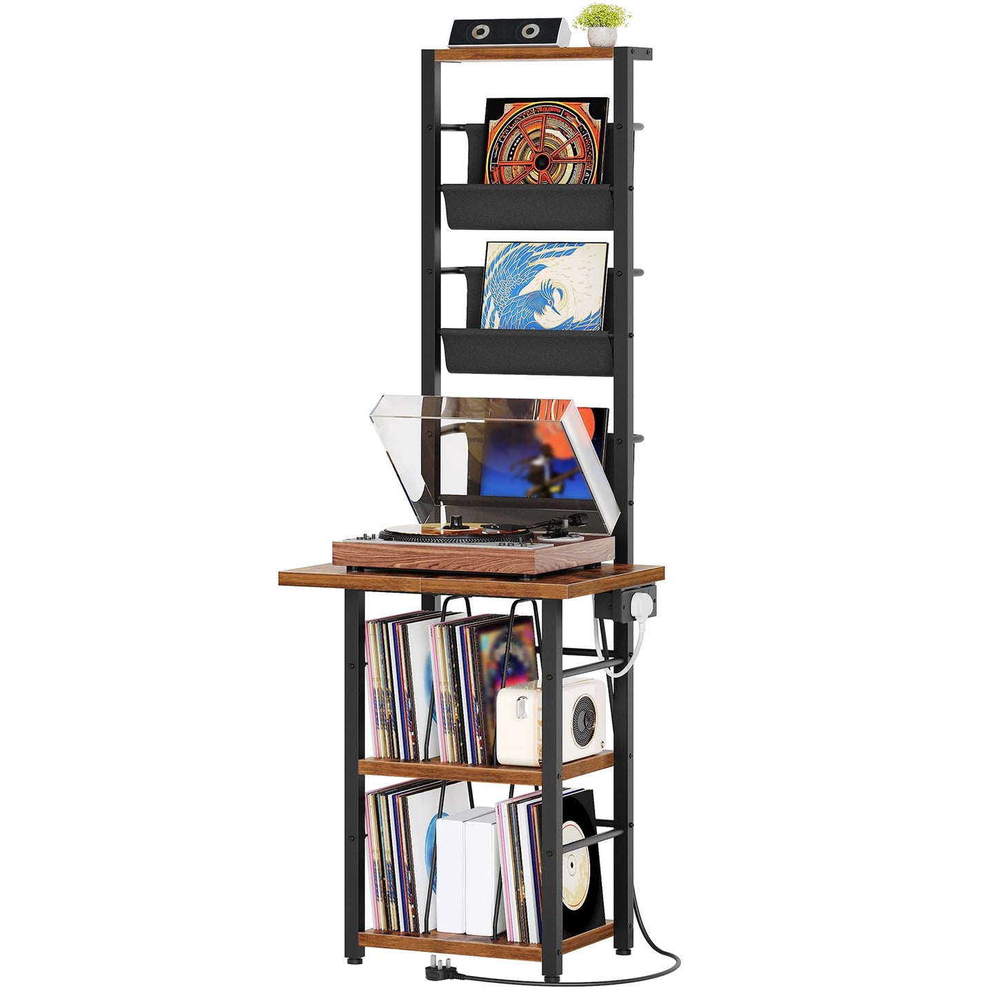 YATINEY 3-Shelf Record Player Stand with Charging Station and 3 Fabric Bins