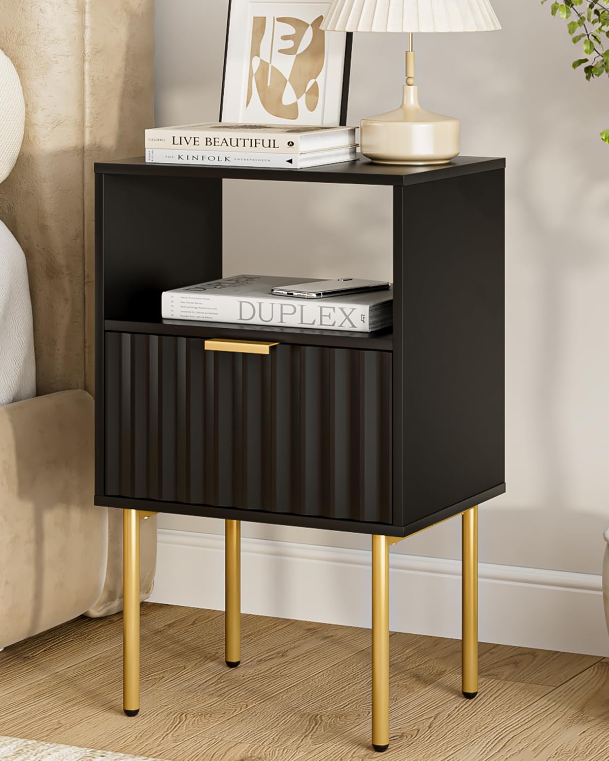Apetaccat Wooden Bedside Table with Gold Frame,Nightstand Drawer and Shelf,Modern Bedroom Furniture for Living Room or Bedroom, Black,Large