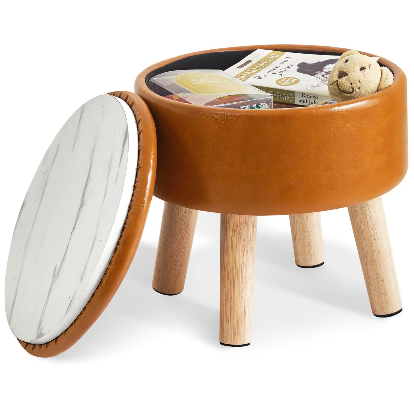 IBUYKE 13 Inch Small Footstool Ottoman with Storage, Round Pouffe Foot Rest with Padded Seat and Wood Legs
