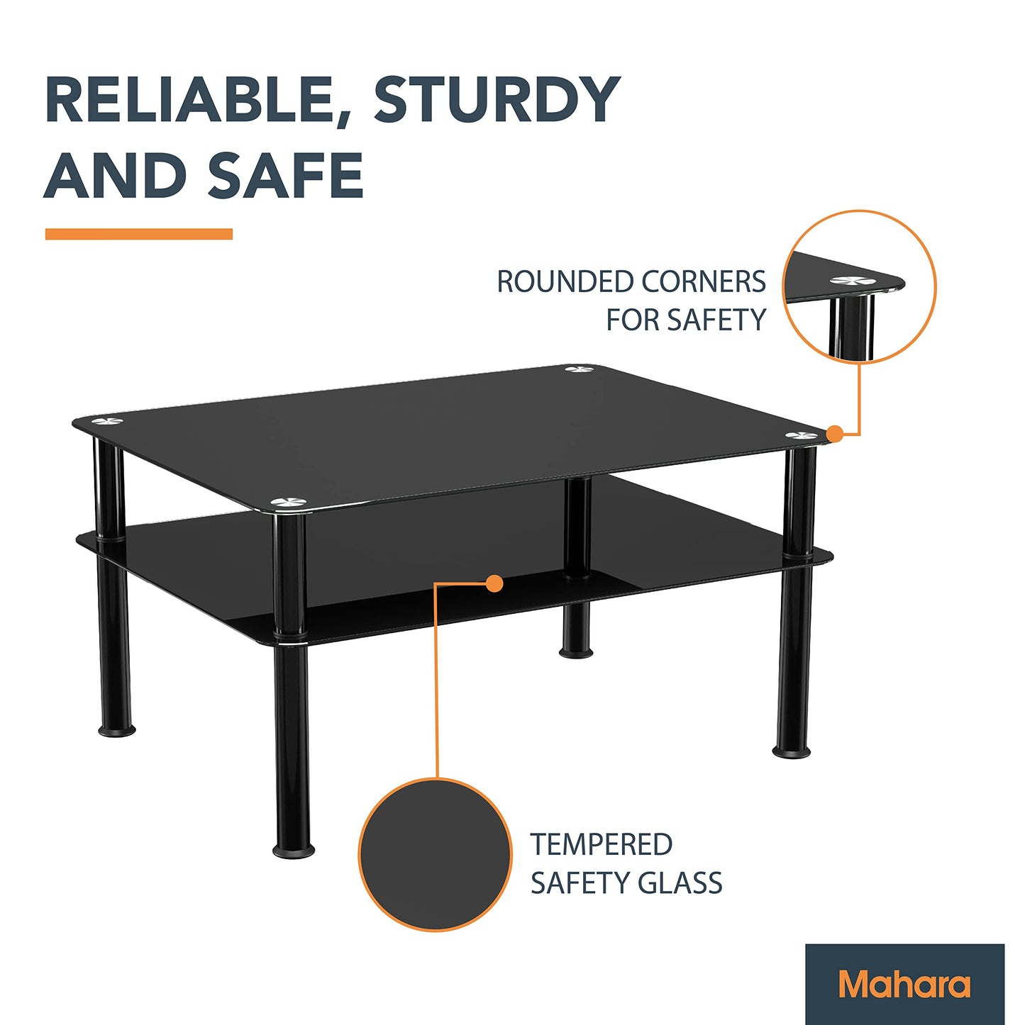 mahara Black Glass Coffee Table - Large side table with shelf and black aluminium legs - W80cm x D60cm x H41.5cm