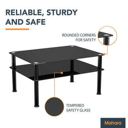 mahara Black Glass Coffee Table - Large side table with shelf and black aluminium legs - W80cm x D60cm x H41.5cm