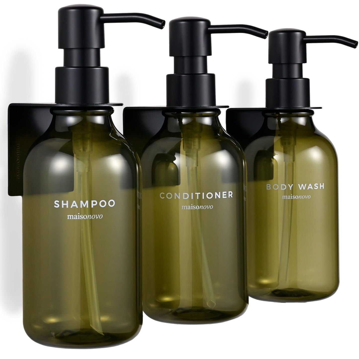 MaisoNovo Shampoo and Conditioner Dispenser - Shower Soap Dispenser Wall Mounted - 500ml Set of 3 Green Plastic Bottles Black Pump