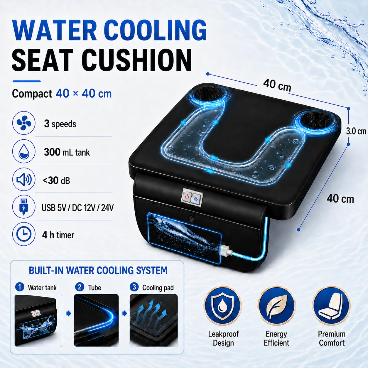 GOBRILLFUN Water-Cooled Seat Cushion Down to 27°C with Fan, USB/12V/24V