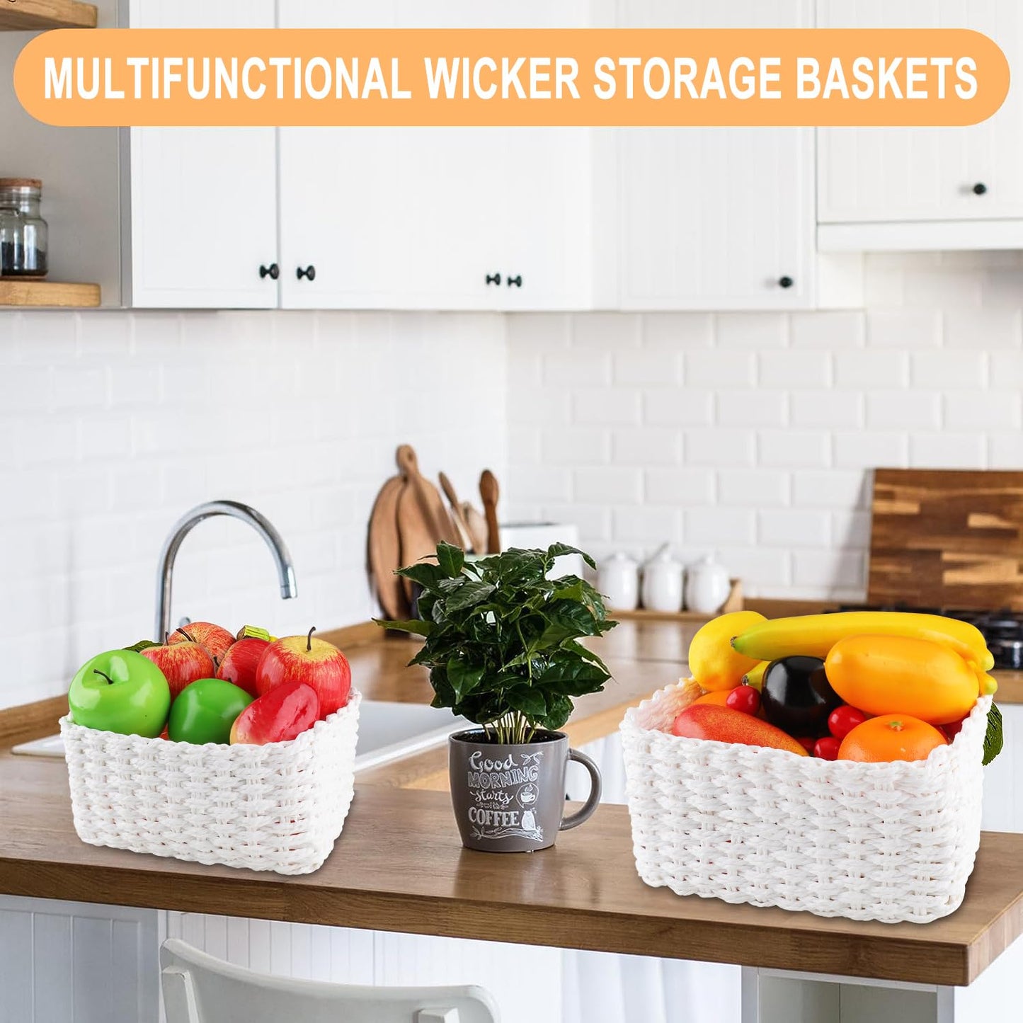 Wicker Basket, Revivoer Set of 4 Small Wicker Hamper for Gifts, Multifunctional Storage Baskets Empty for Bedroom Home Office (Blanc)