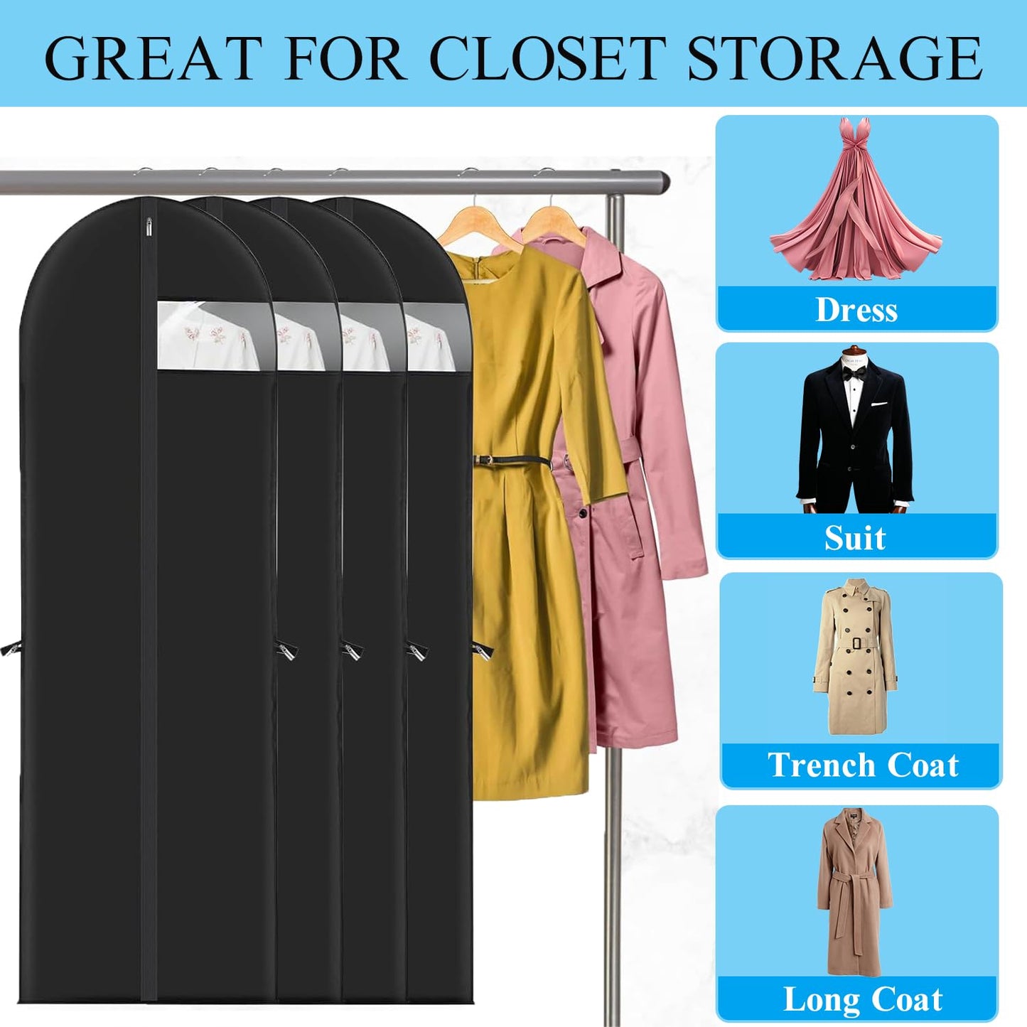 1 Pack Dress Bags Covers Long 60cm*180cm, PEVA Hanging Garment Bags with Handle Waterproof Dustproof Clothes Covers for Gowns, Wedding Dress
